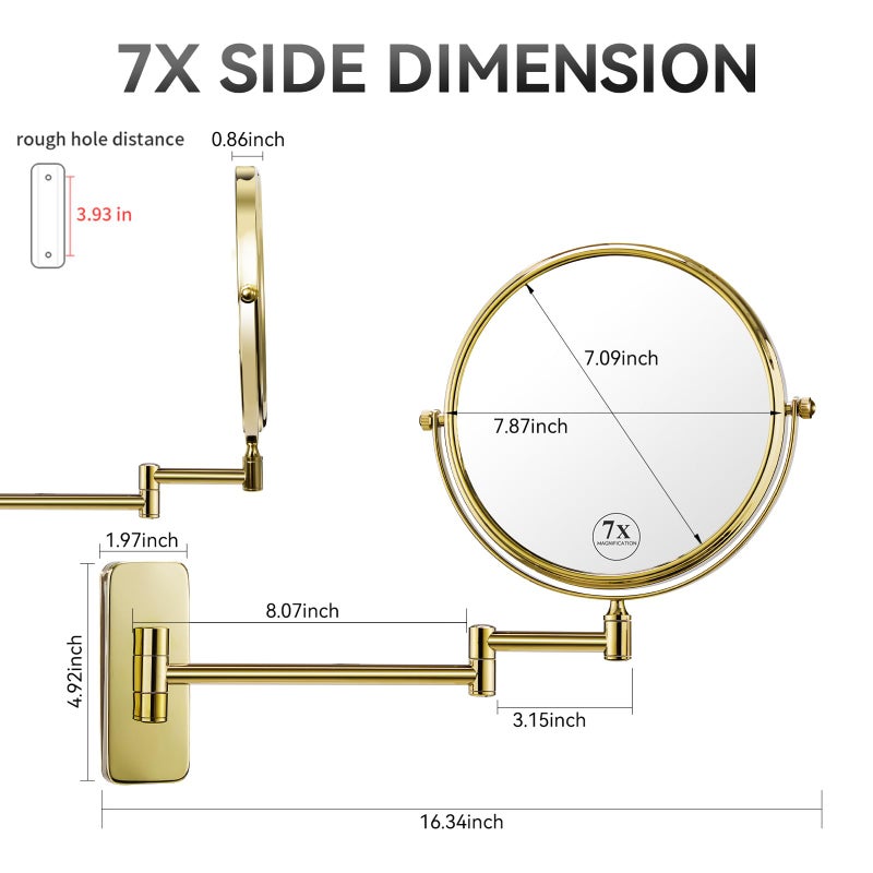 Nicesail Makeup Mirror, Wall Mounted 7X Magnifying Mirror Vanity Mirror for Bathroom, Extendable Swivel, Brass and 304 Stainless Steel Material for Hotel or Home, Gold Finish (8 Inch, 7X) - Image 3